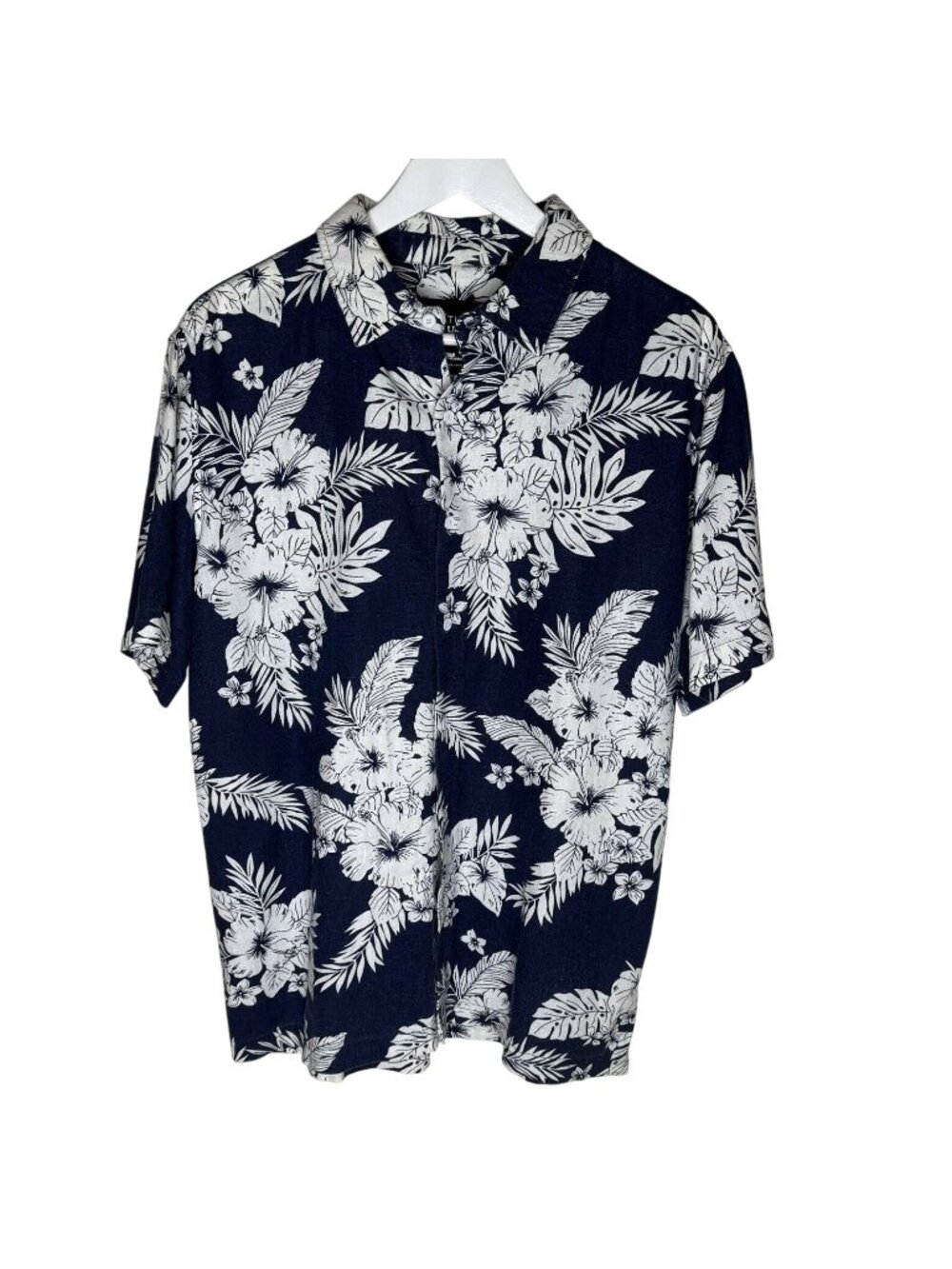 Native Youth Men's Navy Blue Hawaiian Print Short Sleeve Linen Shirt, Medium